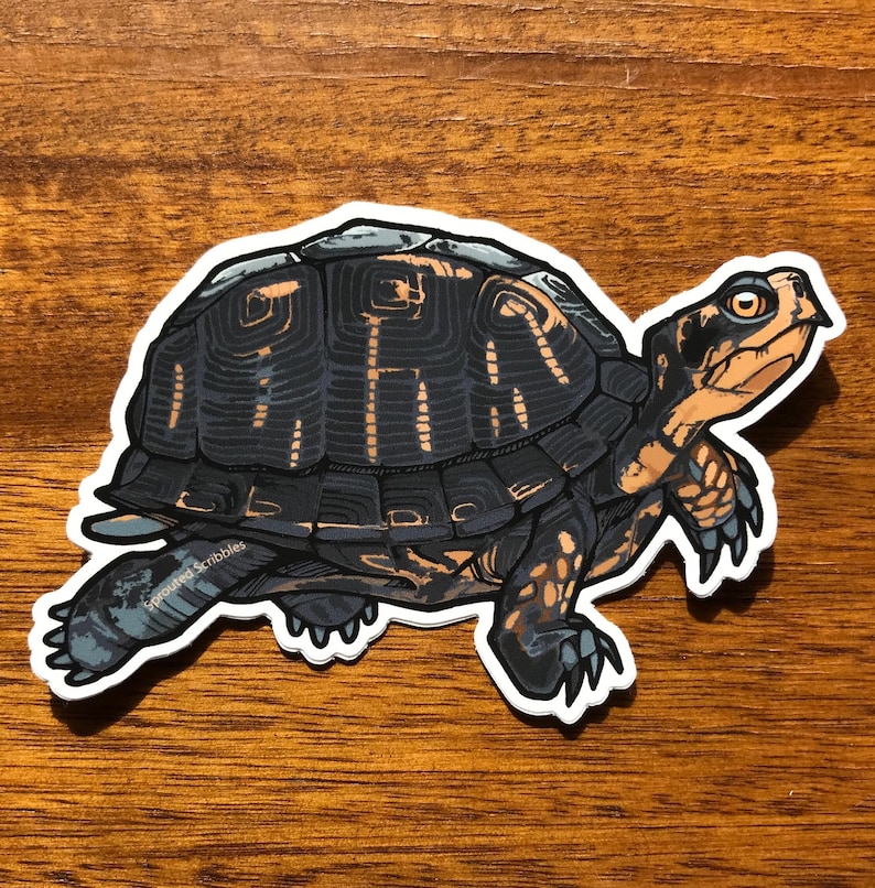 May include: A die-cut sticker featuring a detailed illustration of a turtle with a dark charcoal gray shell and orange-brown markings on its head, neck, and limbs. The text Sprouted Scribbles is printed in small white letters on the turtle's leg.