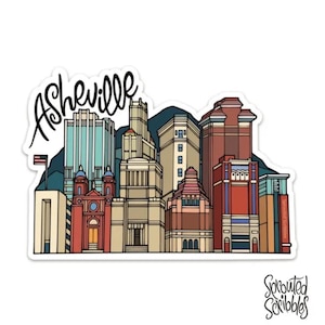 Asheville Sticker - 4.25&quot; Downtown NC Illustrated Architecture Historic City Buildings Travel Souvenir