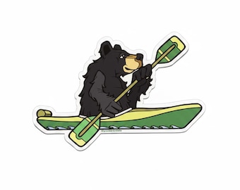 Kayaker Bear Sticker | Hand Drawn Kayaking Decal | Weatherproof Vinyl Decal