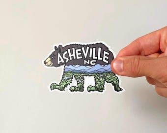 Asheville Bear LAPTOP or WATER BOTTLE Sticker | Blue Ridge Mountains Scene | Length 3.5 Inches