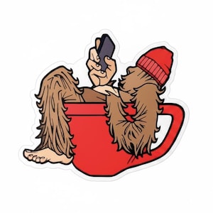 Pegatina Yeti Latte / Pie Grande relajándose en una taza de café / Diseño dibujado a mano / Vinilo resistente a la intemperie