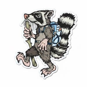 Hiking Raccoon Decal | Funny Backpacking Decal | Water Bottle Sticker | by Sprouted Scribbles