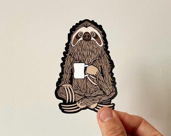 Coffee Sloth VEHICLE SIZED Sticker | Weatherproof Vinyl | Length 4.25 Inches