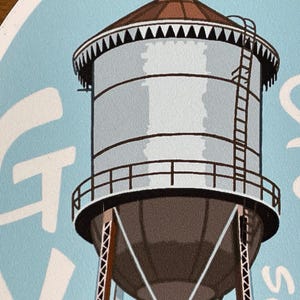 May include: A blue and white sticker featuring a white water tower and the text "Green's" in white.