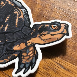 May include: A die-cut sticker featuring a detailed illustration of a turtle with a dark gray and black patterned shell. The turtle has a tan and black head with a prominent orange eye, and tan markings on its neck and front leg, outlined in white.
