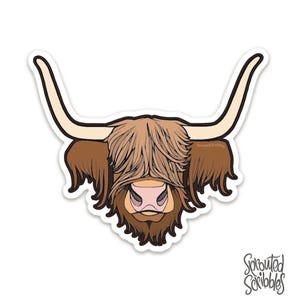 Highland Cow Sticker - 3.5&quot; Cattle Illustrated Cute Long Haired Cow Vinyl Decal