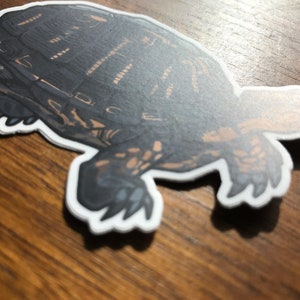 May include: A die-cut sticker featuring a dark-colored turtle with orange-brown markings on its shell and limbs. The turtle is depicted in a side profile view with the text "Routed Scribbles" printed in white on the upper left side of the shell.