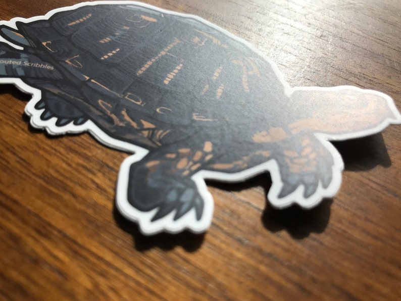 May include: A die-cut sticker featuring a dark-colored turtle with orange-brown markings on its shell and limbs. The turtle is depicted in a side profile view with the text "Routed Scribbles" printed in white on the upper left side of the shell.
