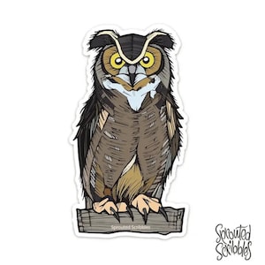 Owl Sticker - 4.2&quot; Illustrated Vinyl Decal Great Horned Owl Character Art