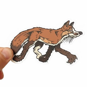 May include: A die-cut sticker featuring a stylized illustration of a fox in motion. The fox has reddish-brown fur, dark brown legs, and white markings on its face and chest. The text Sprouted Scribbles is printed in a small font on the fox's back.