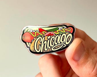 Chicago Hot Dog Pin | Acrylic | 1.75 Inches | Lapel Decoration