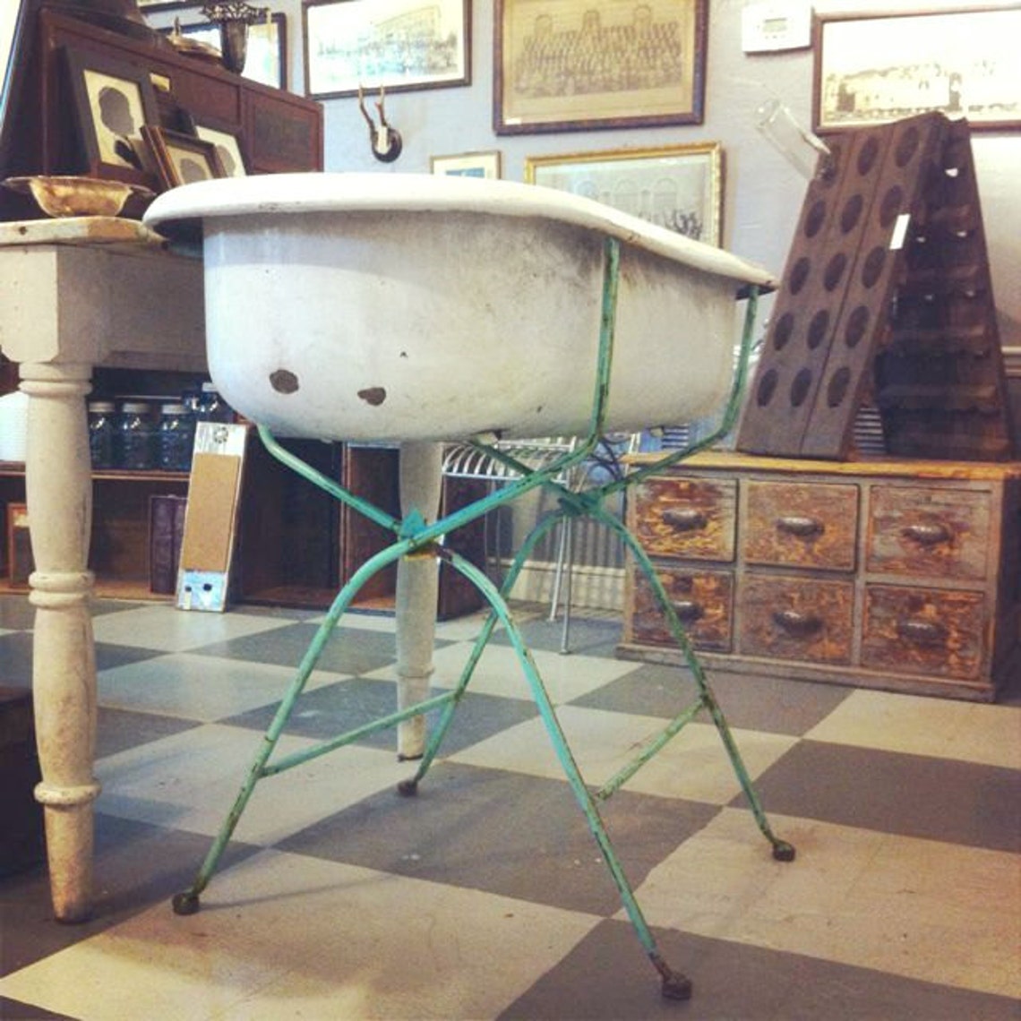Vintage Hungarian Enamel Baby Bathtub on Green Folding Metal Etsy