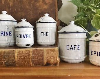 Set of 5 Antique French Enamel Canisters