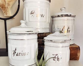 Set of 4 Antique French Enamel Canisters