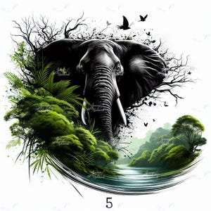 Könnte beinhalten: Schwarz-Weiß-Illustration eines Elefantenkopfes, umgeben von grüner Vegetation und einer Flusslandschaft. Das Kunstwerk zeigt schwarze Tintenspritzer, Bäume und fliegende Vögel. Die Zahl "5" befindet sich unten.
