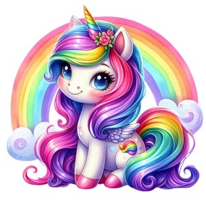 Può includere: Un unicorno dei cartoni animati con criniera e coda arcobaleno, un corno dorato e occhi blu. L'unicorno è seduto di fronte a un arcobaleno e nuvole soffici. Rose rosa adornano la testa dell'unicorno. La combinazione di colori è vibrante e allegra.
