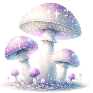 Pode incluir: Ilustração em aquarela de vários cogumelos de fantasia em tons de branco, roxo e azul. As tampas dos cogumelos têm um efeito brilhante e estrelado. Os cogumelos são de tamanhos variados e estão sobre um fundo branco.