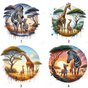 Può includere: Quattro illustrazioni rotonde di scene di fauna selvatica africana. Ognuna presenta una zebra o una giraffa con un cucciolo, ambientata in un paesaggio di savana con alberi e un cielo colorato. Lo stile è artistico e vibrante.