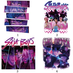 May include: Four graphic designs featuring stylized illustrations. One shows eyes, another has the text "Saja Boys" with a group of people, and two others have the text "Saja Boys" and "Girl Dinner" with illustrations of people.