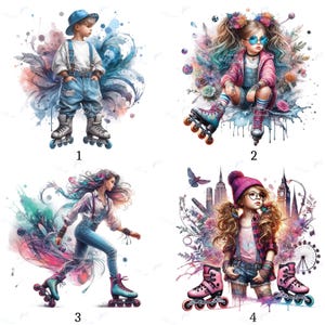 Op de afbeelding: Vier aquarel illustraties van mensen met rolschaatsen. De afbeeldingen tonen een jongen, een zittend meisje, een schaatsende vrouw en een meisje met rolschaatsen. Elke afbeelding heeft een kleurrijke bloemen- en architecturale achtergrond.