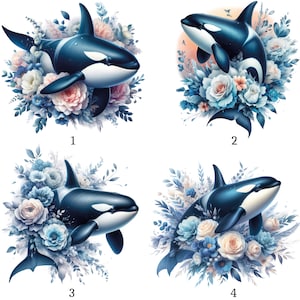 Könnte beinhalten: Vier digitale Illustrationen von Orcas, umgeben von Blumenarrangements. Die Orcas sind schwarz und weiß, mit blauen und rosa Blumen. Die Illustrationen sind mit 1 bis 4 nummeriert.