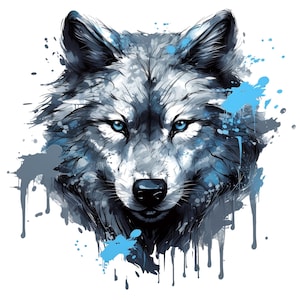 Peut inclure: Illustration détaillée d'une tête de loup, dans des tons de gris et de bleu. Le loup a des yeux bleus perçants et un nez noir. Des éclaboussures et des gouttes de peinture bleue ajoutent une touche artistique.