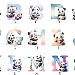 Pode incluir: Letras do alfabeto em aquarela de A a O, cada uma com uma ilustração de um urso panda fofo. As letras são em várias cores pastel, com os pandas em preto e branco. Um design charmoso e educativo.