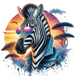 Pode incluir: Ilustração digital de uma zebra usando óculos de sol e uma jaqueta jeans. A zebra está situada em um cenário de pôr do sol com árvores africanas e pássaros. Os óculos de sol têm um gradiente rosa e azul.