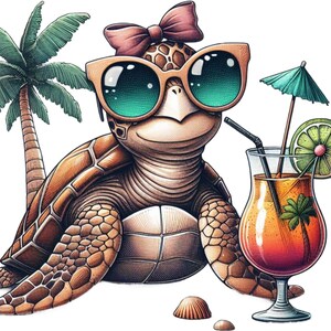 Op de afbeelding: Een cartoon illustratie van een schildpad met een zonnebril en een strik, genietend van een tropisch drankje met een schijfje limoen en een paraplu. Een palmboom staat op de achtergrond. De schildpad is bruin en beige met een witte buik.