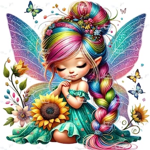 May include: A digital illustration of a fairy with rainbow hair and wings, wearing a teal dress. The fairy is surrounded by butterflies and sunflowers, with a serene expression and hands clasped in prayer.