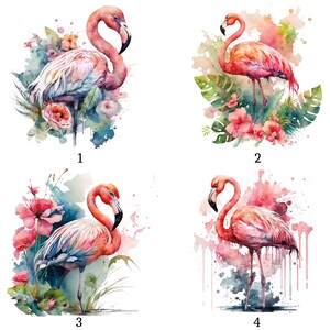 May include: Four watercolour illustrations of flamingos with floral and tropical leaf accents. Each image shows a flamingo in shades of pink and orange, set against a backdrop of colourful watercolour washes and flowers. The images are numbered 1 to 4.