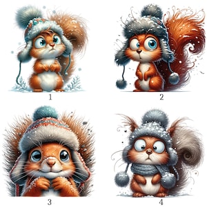 May include: Four cartoon images of squirrels wearing winter hats and scarves. The squirrels have fluffy brown and orange fur, big eyes, and are set against a snowy background. Each squirrel has a different expression and hat style, creating a whimsical winter theme.
