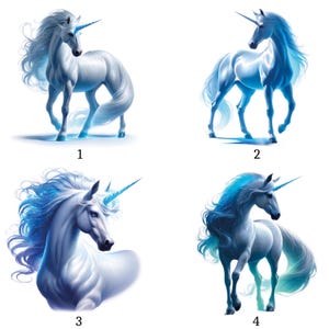 Puede incluir: Cuatro ilustraciones digitales de unicornios. Cada unicornio tiene un cuerpo blanco, un cuerno azul y una melena y cola fluidas. Las imágenes están sobre un fondo blanco, lo que resalta el tema de fantasía.