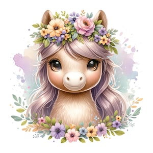 May include: A charming illustration of a pony with large eyes and a fluffy mane. The pony is decorated with a floral crown and a garland of flowers in pink, yellow, and purple, creating a delicate aesthetic. The image has a watercolour effect.