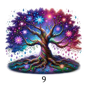 Può includere: Un'illustrazione vibrante e colorata di un albero con un tronco e radici vorticose. I rami dell'albero sono adornati da fiori e stelle luminose, su uno sfondo di blu, viola e rosa. Il numero "9" è in basso.