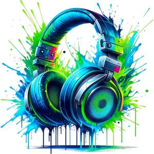 Op de afbeelding: Een paar blauwe over-ear hoofdtelefoons met groene en zilveren details, tegen een achtergrond van kleurrijke verfspatten. Het ontwerp is modern en artistiek, met een levendig kleurenpalet. Een opvallend visueel element voor muziekliefhebbers.