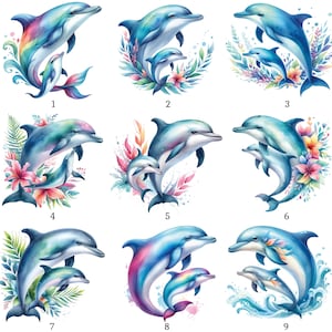 May include: Nine watercolour illustrations of dolphins with their young, each surrounded by floral and aquatic elements. The dolphins feature shades of blue, pink, and purple, with varying compositions of flowers and foliage. Each design showcases a unique artistic style.