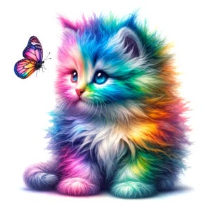 Könnte beinhalten: Ein flauschiges Kätzchen mit regenbogenfarbenem Fell, das Farbtöne von Rosa, Blau, Gelb und Grün aufweist. Das Kätzchen hat leuchtend blaue Augen und betrachtet einen bunten Schmetterling mit rosa, orangefarbenen und lila Flügeln. Der Hintergrund ist weiß.