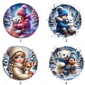 Könnte beinhalten: Vier kreisförmige Illustrationen mit Winterszenen. Eine zeigt ein Mädchen in Rosa mit einem Eisbären, eine andere einen Jungen in Blau mit einem Eisbären, eine dritte ein Mädchen mit einem Reh und die letzte einen Eisbären mit einem Kind.
