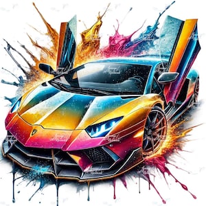 Puede incluir: Ilustración colorida de un coche deportivo de lujo con las puertas abiertas. El coche está pintado en un degradado de colores, incluyendo amarillo, naranja, rosa y azul. Salpicaduras de pintura rodean el coche, añadiendo al efecto artístico.
