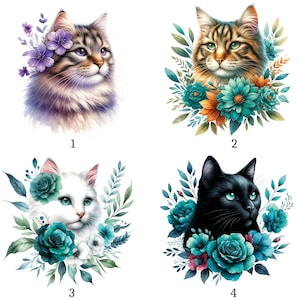Könnte beinhalten: Vier Aquarellporträts von Katzen, jeweils umgeben von floralen Arrangements. Die Katzen sind in verschiedenen Farben dargestellt: Tabby, Orange, Weiß und Schwarz. Die floralen Arrangements weisen Farbtöne von Lila, Türkis, Orange und Rosa auf.