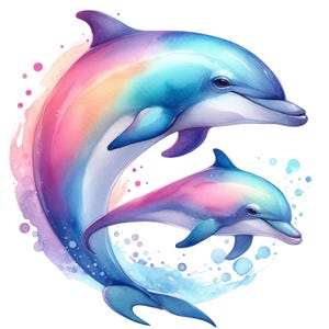 May include: A watercolour illustration of two dolphins in shades of blue, pink, and purple. The dolphins are swimming in a circular motion, with water splashes around them. The image has a soft, dreamy quality.