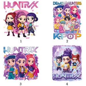 May include: Four vibrant graphic designs with anime-style characters. The designs include the text "HUNTRIX", "DEMON HUNTERS", and "KPOP". Each design features groups of stylized figures in various poses and outfits, with bright colour palettes.