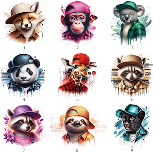 May include: Nine digital illustrations of animals wearing hats and plaid shirts. The animals include a fox, monkey, koala, panda, giraffe, raccoon, sloth, and panther. Each animal has a unique expression and style, with vibrant colours and artistic details.