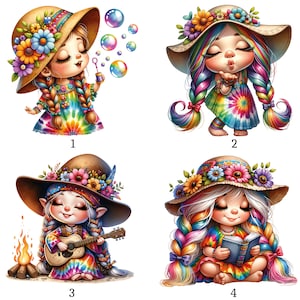Könnte beinhalten: Vier digitale Illustrationen von Zeichentrickfiguren. Jede Figur trägt einen mit Blumen geschmückten Hut und hat lange, bunte Haare. Die Figuren tragen Batik-Outfits und sind mit verschiedenen Aktivitäten beschäftigt, wie z. B. Seifenblasen pusten, einen Kuss werfen, Gitarre spielen und ein Buch lesen.