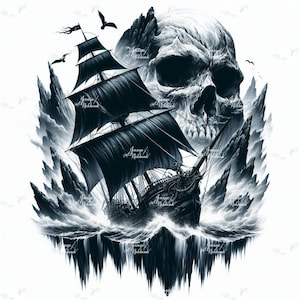 Iron-on image, skull pirate ship, iron-on motif