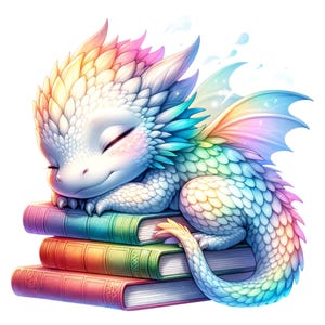 Peut inclure: Illustration d'un bébé dragon endormi aux écailles blanches et aux ailes arc-en-ciel. Le dragon repose sur une pile de livres colorés. Les yeux fermés et l'expression douce du dragon créent un sentiment de paix. L'image a une esthétique douce et rêveuse.