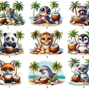 Pode incluir: Uma coleção de nove adoráveis animais de desenho animado, incluindo um tigre, uma tartaruga, um guaxinim, um panda, um filhote de leão, um pinguim, uma raposa, um golfinho e um coala. Cada animal é retratado com olhos grandes, perto de uma bebida de coco.