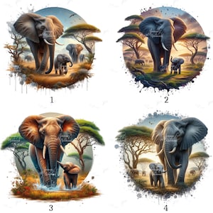 Può includere: Quattro illustrazioni circolari di elefanti in un ambiente di savana. Ogni immagine presenta elefanti adulti e cuccioli, alberi di acacia e uno sfondo di tramonto o alba. La tavolozza dei colori include sfumature di grigio, marrone e verde.