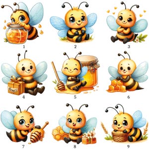 May include: A collection of nine cartoon illustrations of bees. Each bee is yellow and black, with blue wings, and various poses. Some bees are holding honey jars, honeycombs, or gifts. The illustrations have a cute and friendly style.